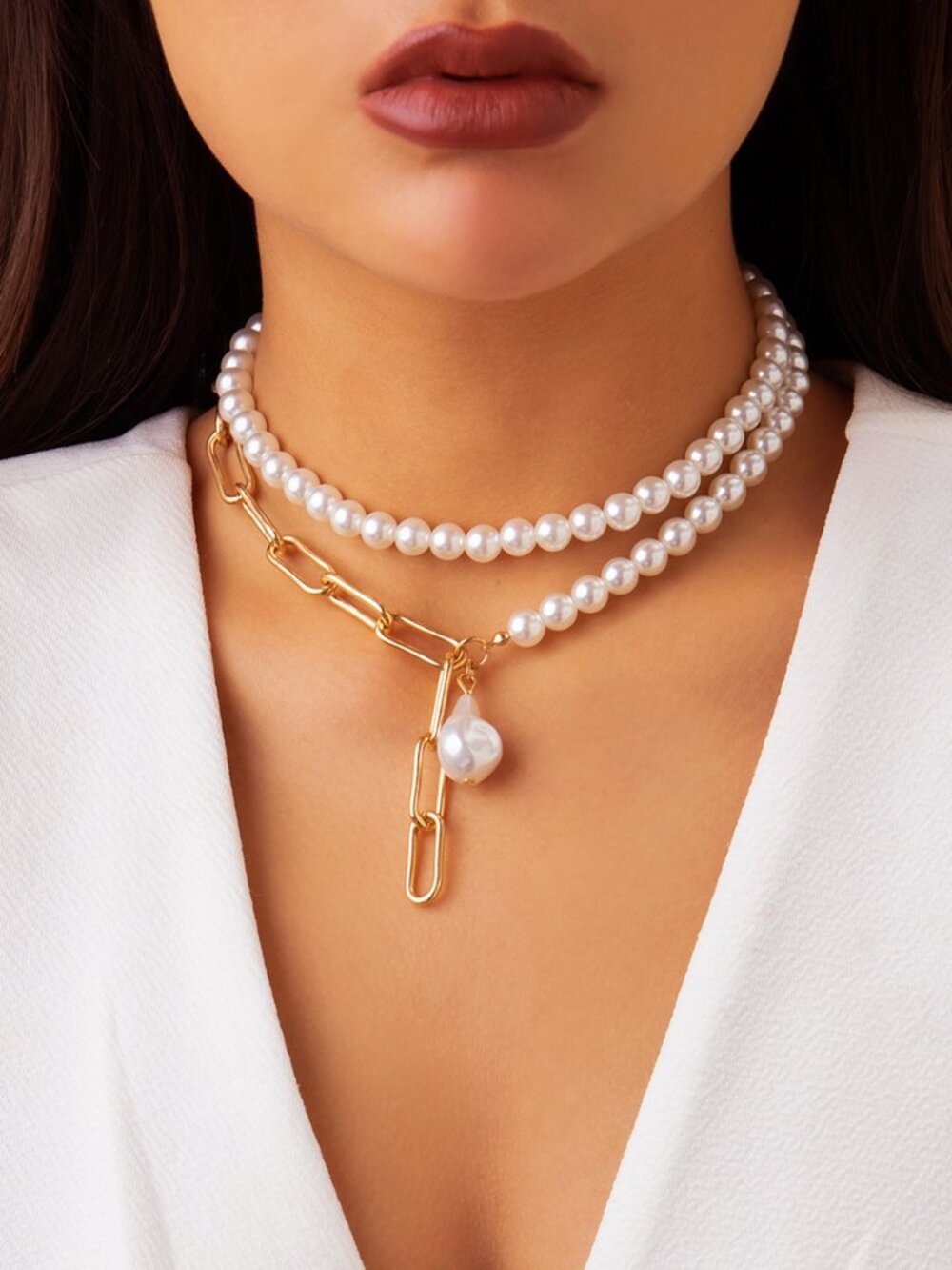 Double Layer Simulated Pearl Paperclip Chain Choker Necklace